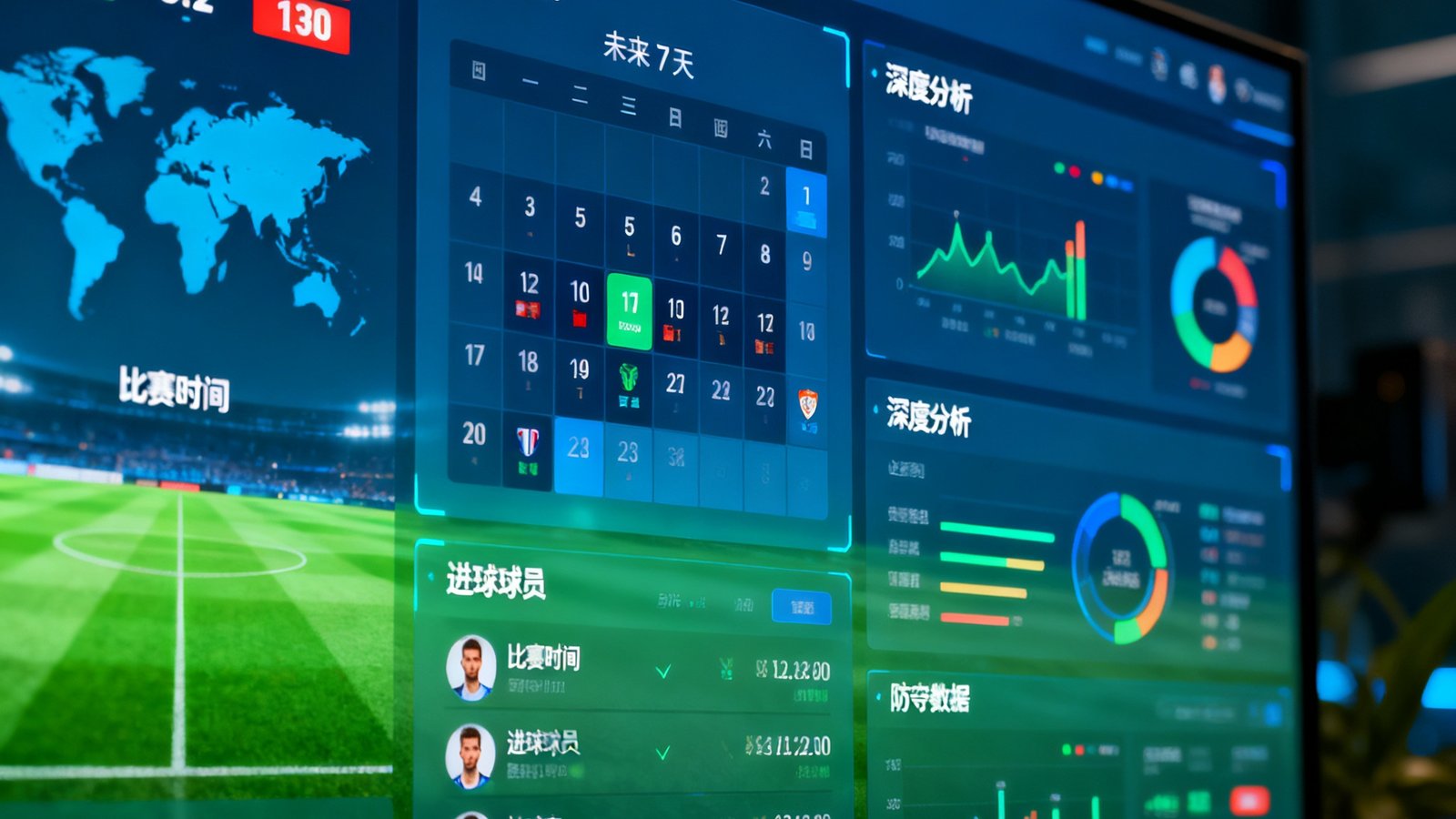 Opta足球数据全局仪表盘，展示全球实时足球数据流，包括比分、赛程、深度分析模块